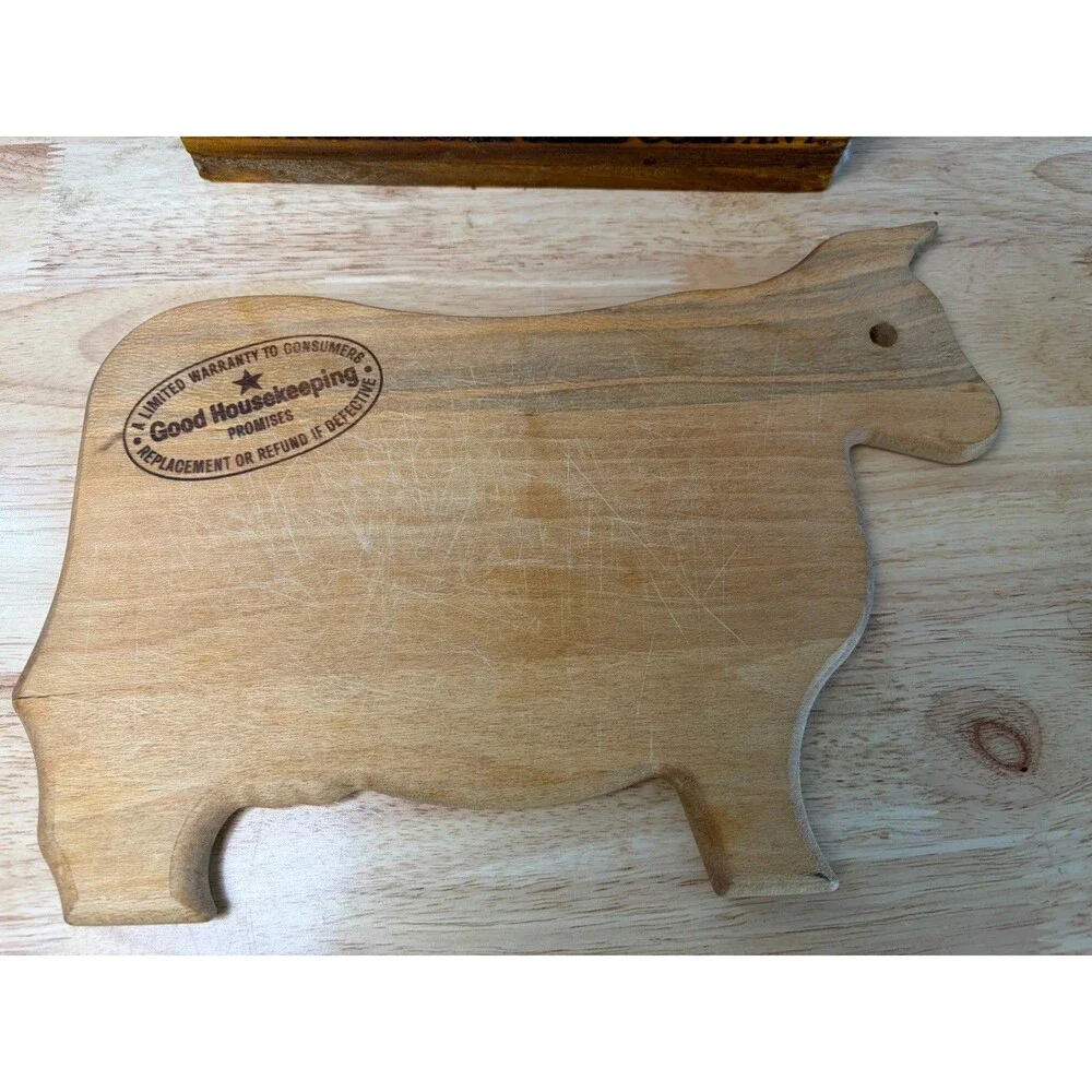 Vintage WoodKitchen Utencil Lot Cow Cutting Board Masher Spoon Rolling Pin Box +